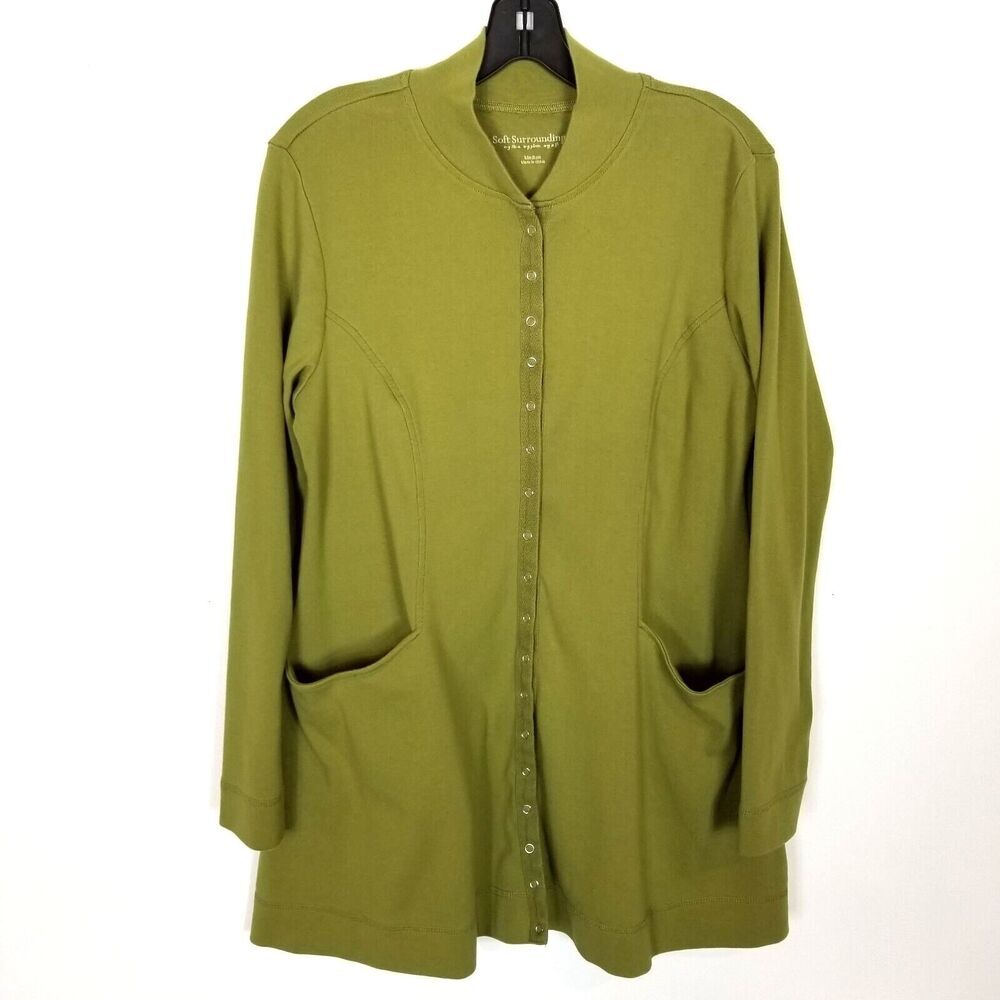 Soft Surroundings Women Northport Jacket Sz M Olive Green Snap Front Lagenlook